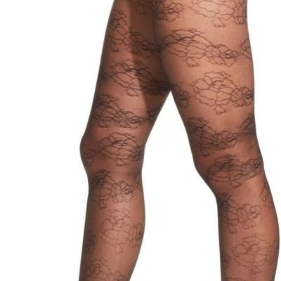 Hue Fine Floral Sheer Tights with Control Top Size 2 Black  Made In USA