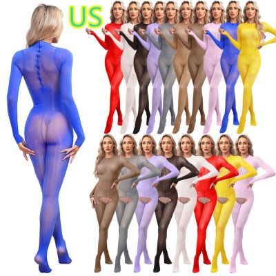 US Womens Glossy Bodystocking Hollow Out See-Through Unitard Footed Lingerie