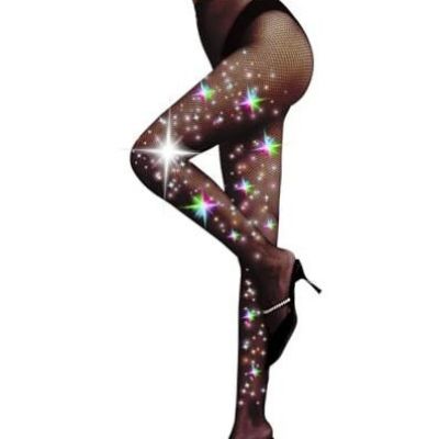 Ultra Sparkly Rhinestone Fishnet Stockings, Sexy High Medium-X-Large Black