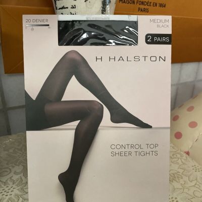 H Halston NIP/T 1 Pair Blk 20 Denier  Control Top Sheer Tights Women M