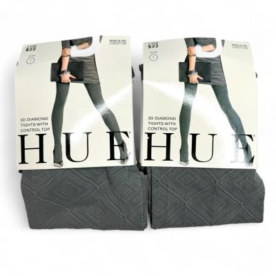 HUE 3D Diamond Tights w/Control Top Womens Size 1 Steel Gray 2 Pairs New