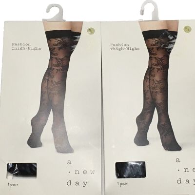 2 Pair A New Day Women's Size M/L Ebony Black Thigh Highs Floral Fashion Tights