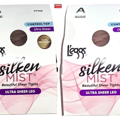 L'eggs Silken Mist Pantyhose Ultra Sheer Leg Control Top Size A-NUDE SMALL 2Pack