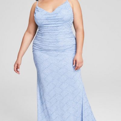 B Darlin Trendy Plus Size Glitter-Knit Ruched Gown - Light Blue/Light Blue