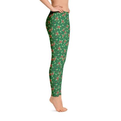 Christmas Holly Womens High Waisted Stretch Leggings Workout Fitness (Small)