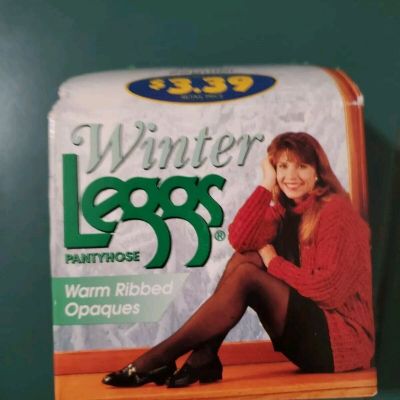 Winter Legs Pantyhose, Warm Ribbed Opaques, Size Q, Blue Regular Vintage In Box