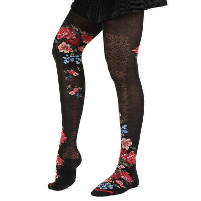 Fil de Jour France Cotton Angora Blend Tights, Black Flowers, S/M Made in Italy