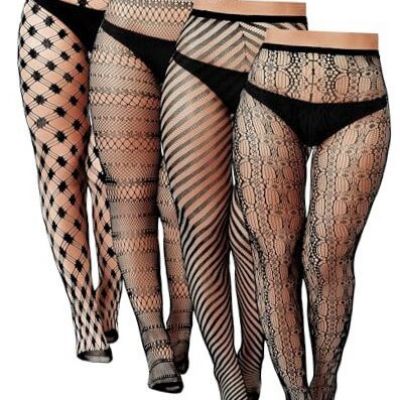 4 Pairs Plus Size Fishnet Stockings Black Hight Waist Fishnet Tight High