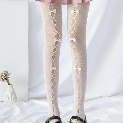 White Fishnet Lace Tights Bow Coquette Babydoll Lolita Kawaii