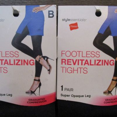 2 Hanes BLACK Super Opaque Footless Revitalizing Tights Size B Compression NEW