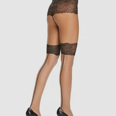 $33 Natori Women's Beige Black Luxe Lace Back Seam Sheer Tights Size Small