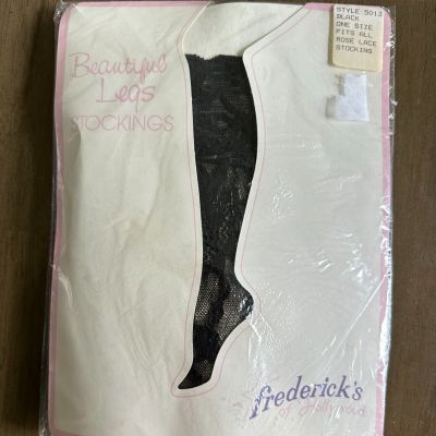 Frederick’s of Hollywood Black Rose Lace Stockings NOS NEW