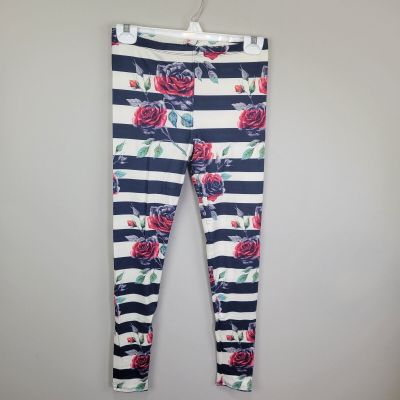 Navy Creme Stripes With Red Gray Roses Polyester Spandex Ankle Leggings OS