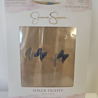 Jessica Simpson Sheer Tights Nude Blue Butterflies Sz CD Pantyhose One Pair New