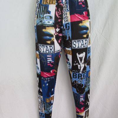 80s 90s Look Fashion Theme Print Stretch Pull On Leggings Pants Star Moon Docs S