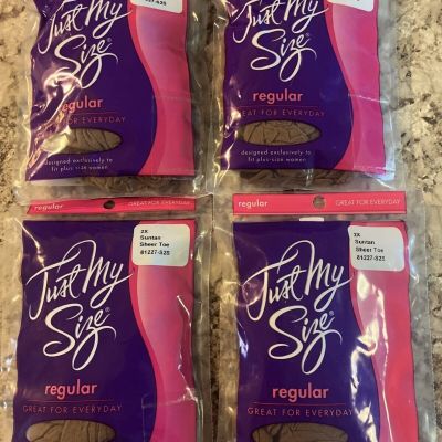 Just My Size Pantyhose Stocking Plus Size 2X Suntan Sheer Toe 81227-S2S Lot Of 4