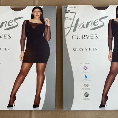 2 New  Hanes Curves Silky Sheer Pantyhose 3X/4X  Barely There & Gentlebrown