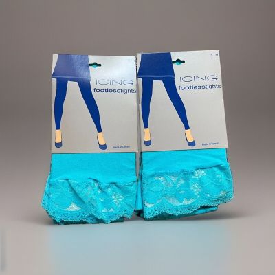 Pack Lot of 2 Footless Tights SoftTouch Blue Lace Detail sz S-M Nylon Bundle