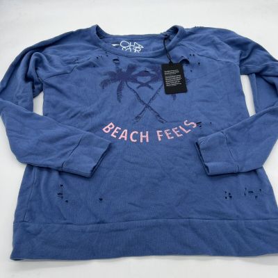 Chaser blue “beach feels” with pink palm trees sweatshirt NWT Med Deconstructed