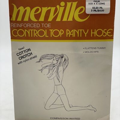 Merville Vintage Tummy And Hip Control Top Pantyhose Palm Color Sz 4 X-Long 1pr