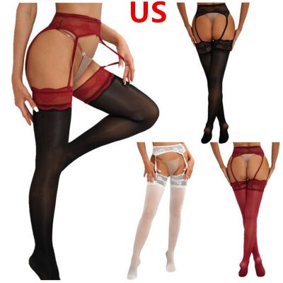 US Women's High Waist Suspender Pantyhose Floral Lace Patchwork Stocking Tights