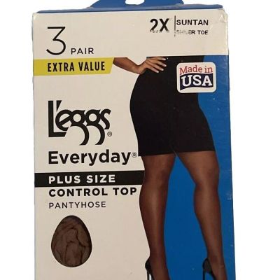 L'eggs Everyday 3 Pair Plus Size Control Top Sheer Toe SUNTAN Size 2X