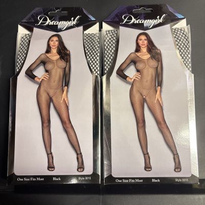 2- Long Sleeved Fishnet Bodystocking With Open Crotch -one Size Fits Most