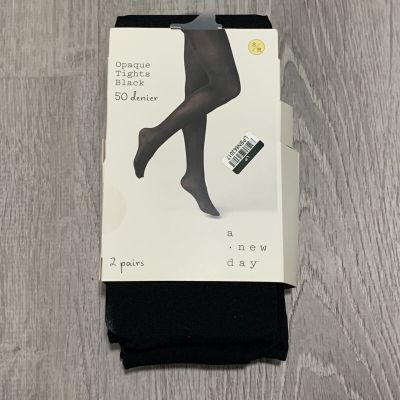 A New Day Tights sz S/M Black Opaque 50 Denier Two Pairs Career Casual NEW