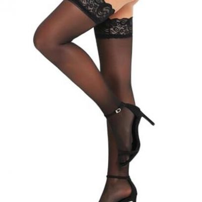 Women's Lace Top Thigh High Sheer Stockings Antiskid Silicone One Size Black