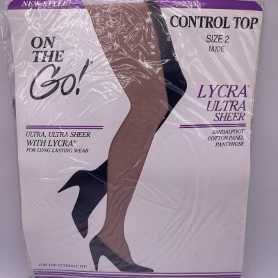 On the Go! Lycra Ultra Sheer Control Top Pantyhose Nude Size 2 New