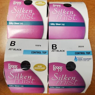 4Pk Leggs Silken Mist Silky Sheer Size B Jet Black Control Top Pantyhose 13E1902