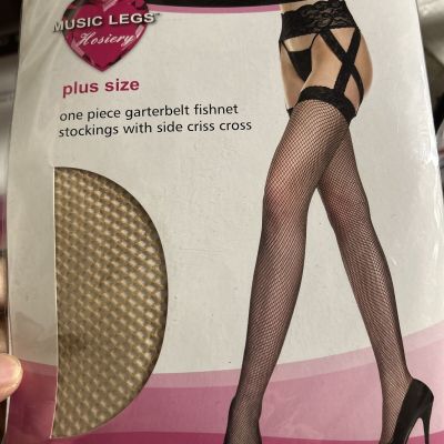 plus size one piece garterbelt fishnet stockings with side criss cross Beige