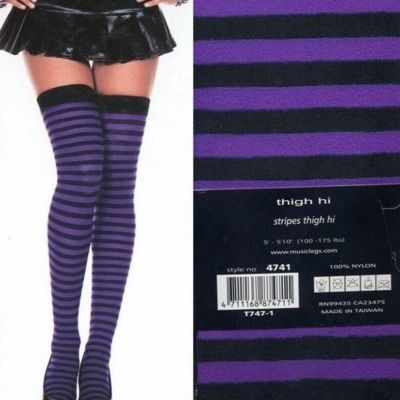 Striped Costume Stockings Thigh Hi Black/Purple Adult 1-Sz Music Legs 4741