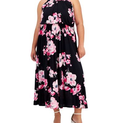 Robbie Bee Plus Size Sleeveless Halter-Neck MIDI Dress - Navy/Pink 1X