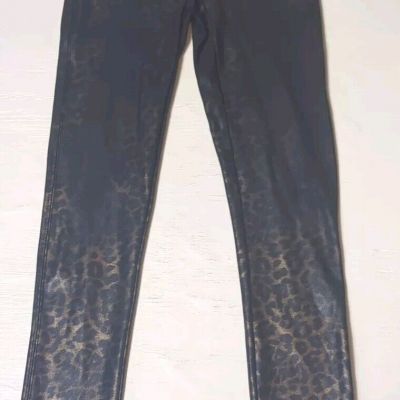 Spanx Leggings Women Medium Brown Black Faux Leather Leopard Animal Print Shine