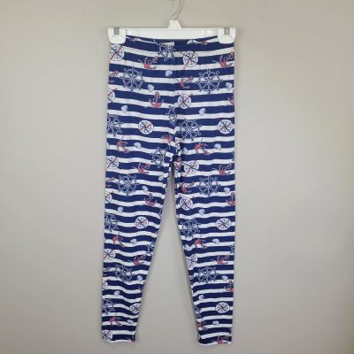 Nautical Themed Blue White Striped Polyester Spandex Ankle Leggings One Size...