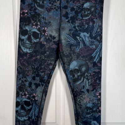 Evolution And Creation Floral Tribal Skull Print High Waist Leggings Size S Blue