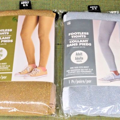 NEW Lot 2 Pair Amscan Adults up to 160 lbs Silver Gold Sparkle Footless Tights