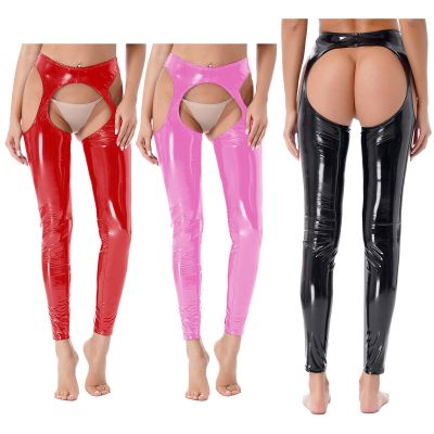 Women's Faux Leather Leggings Pants PVC Wet Look Suspender Hollow Out Trousers