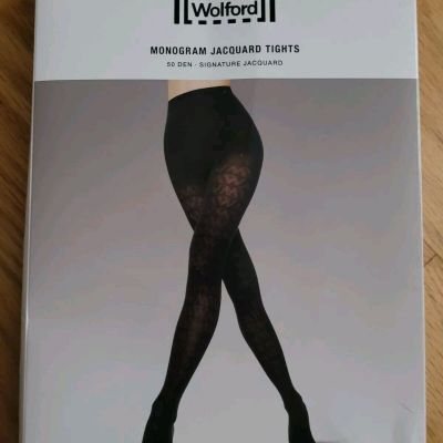 New Women's WOLFORD 14938  Monogram Jacquard Tights Black Size S