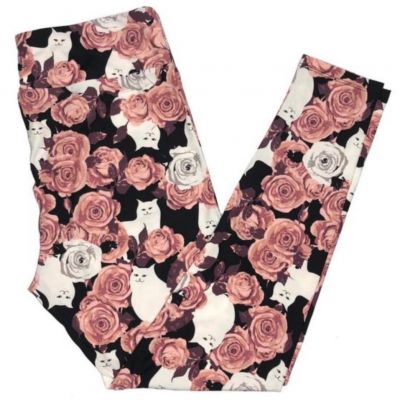 LuLaRoe Womens Leggings Size TC2 Cats Floral Roses Pink Kitties Plus 18+ NWT