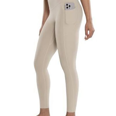 Workout Leggings with Pockets for Women High Waist Yoga Pants 7/8 Small Khaki