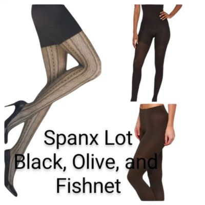 Lot of 3 Spanx Shaping Tights Opaque Black, Ripe Olive green, Fishnet size C