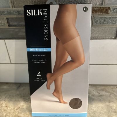 ????Silk Impressions Pantyhose, Sheer 4Allday, 4-Pack, XL Coffee Bean????