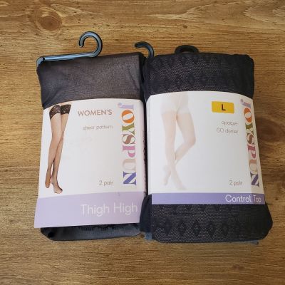 Joyspun Control Top Panty Hose (2) and Thigh Highs (2) Pattern/Solid Size Large