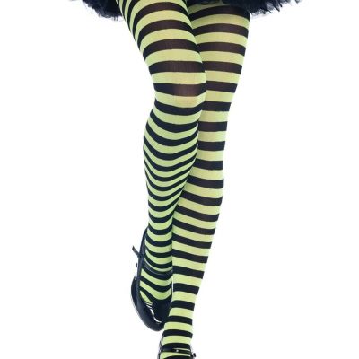 Leg Avenue 7100 Women's Black & Lime Striped Nylon Hosiery Tights - One Size