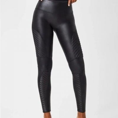 Spanx Faux Leather Moto Leggings Size Large Black Womens High RIse