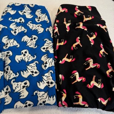 Women’s 2 pairs LuLaRoe ?leggings unicorn/black & ghost/blue one size (2-10) EUC