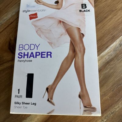 Hanes Body Shaper Pantyhose B Black Silky Sheer Leg Sheer Vintage Stocking