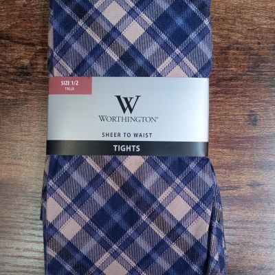 Worthington Sheer to Waist Tights Purple White Tan Striped Plaid Size 1/2 Talla